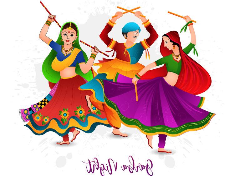 An illustration of three people dancing and wearing colorful garb